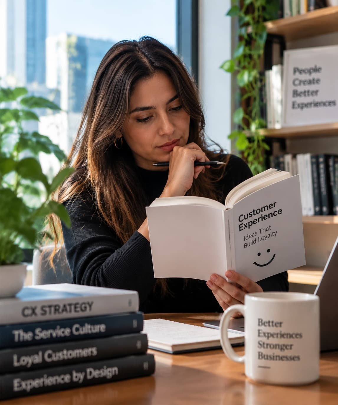 Profesional aprendiendo sobre experiencia del cliente mediante libros especializados en CX