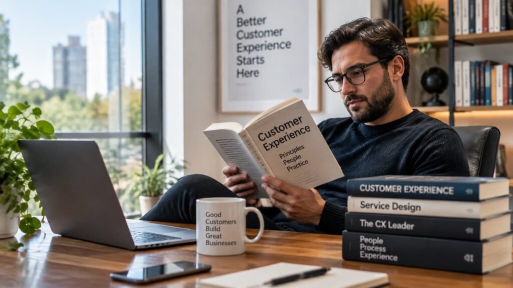 Especialista estudiando libros de customer experience para mejorar la relación con clientes