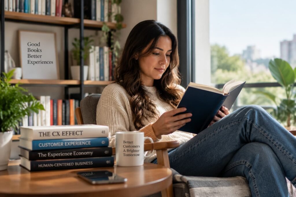 Profesional leyendo libros de experiencia de cliente para mejorar estrategias CX