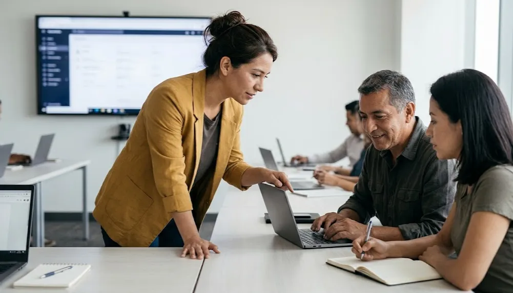 Facilitadora muestra una nueva herramienta a colaboradores durante una capacitación