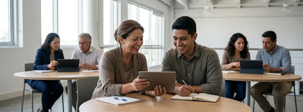 Colaboradores practican en parejas con tablets durante un taller interno