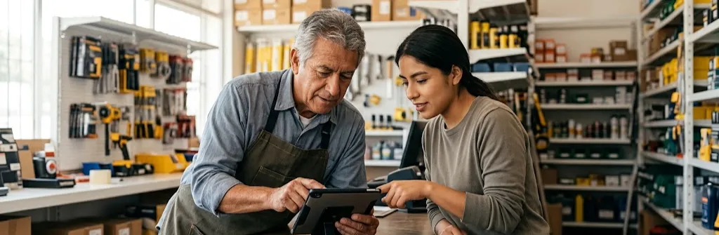Compañera joven acompaña a un vendedor veterano a usar el nuevo sistema en una tablet