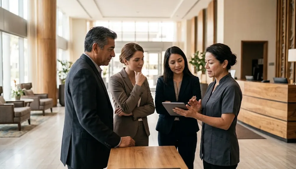 Equipo de un hotel revisa en una tablet los resultados de un cambio que probaron