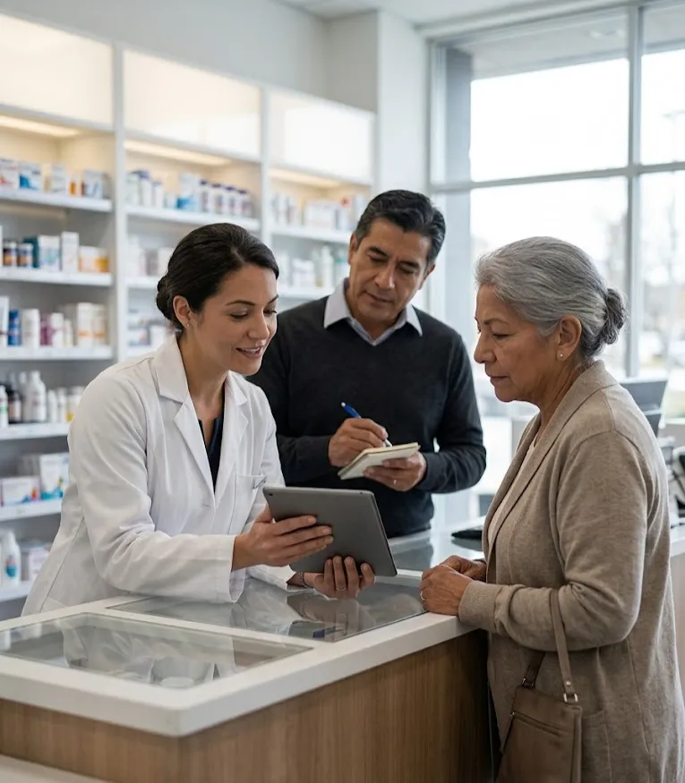 Farmacéutica prueba un nuevo proceso de retiro de pedidos con una clienta mientras un supervisor observa