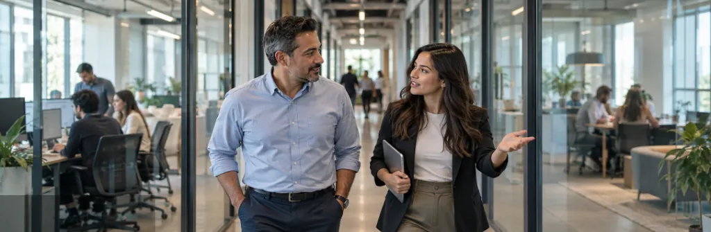 Compañera recibe y orienta a un colaborador que se integra a un nuevo departamento