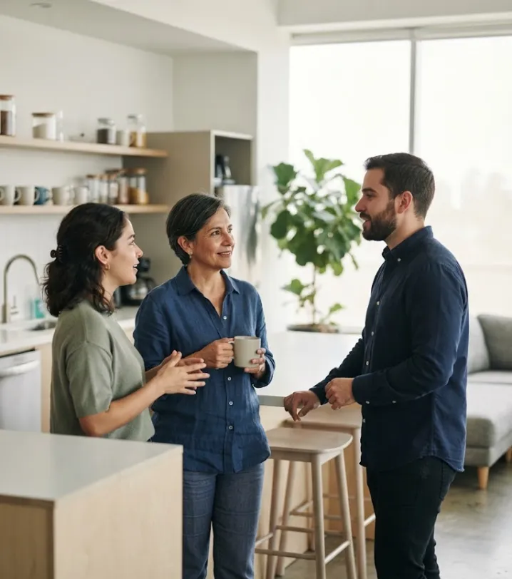 Fundadora de una empresa conversa de forma relajada con dos colaboradores
