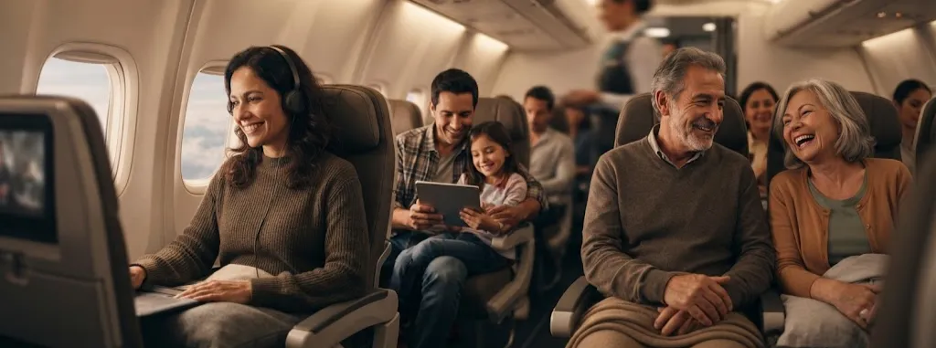 Pasajeros de distintas edades disfrutan del entretenimiento a bordo durante el vuelo