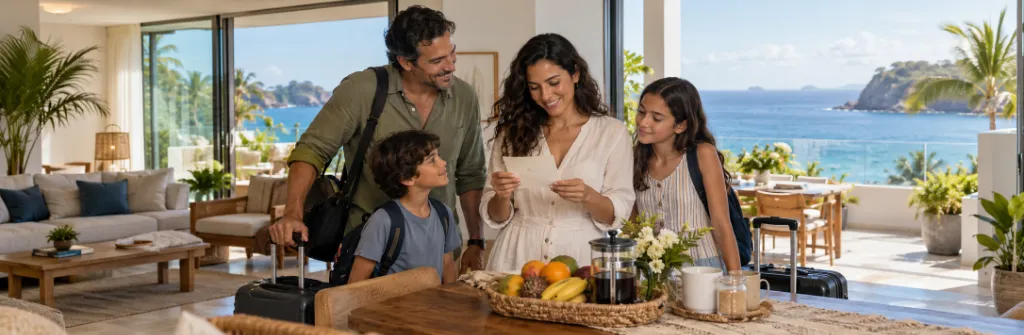 Familia lee la nota de bienvenida que dejó el anfitrión en un departamento frente al mar
