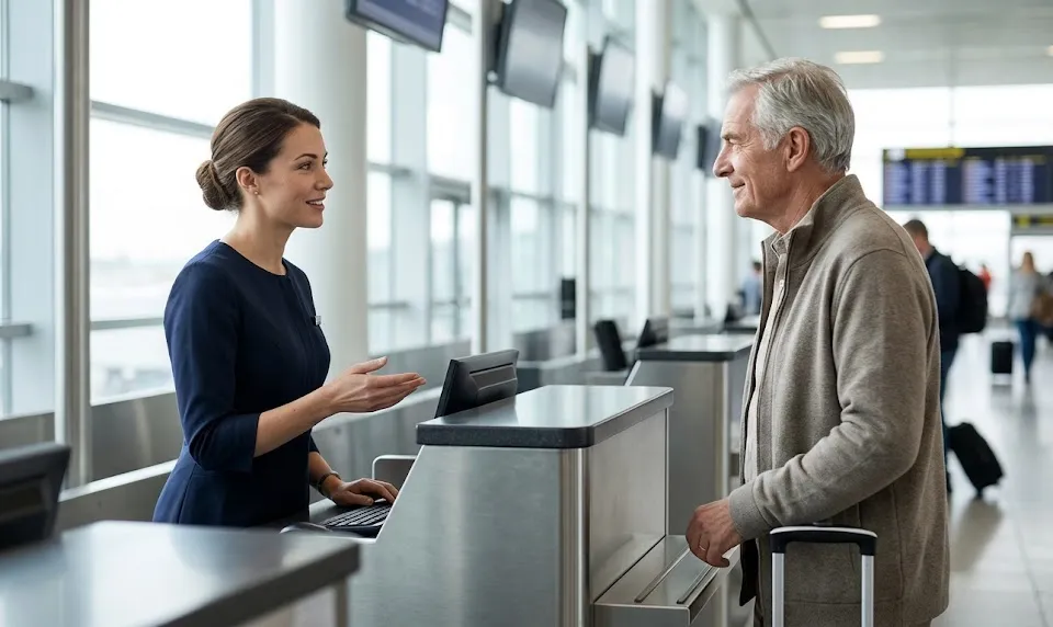 Agente de aerolínea atiende con calma a un viajero mayor en el mostrador de check-in