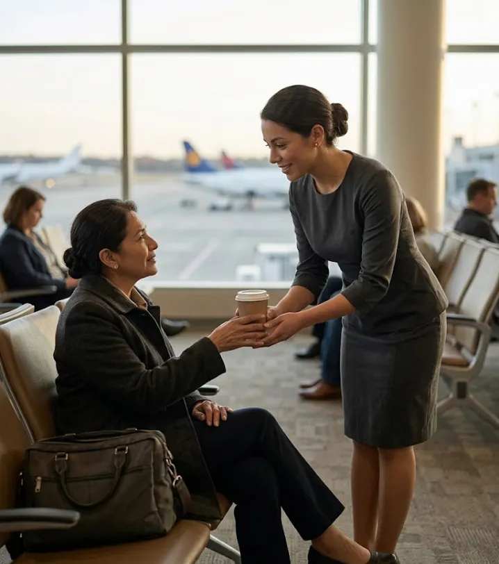 Empleada de aeropuerto entrega un café a una viajera en la sala de espera