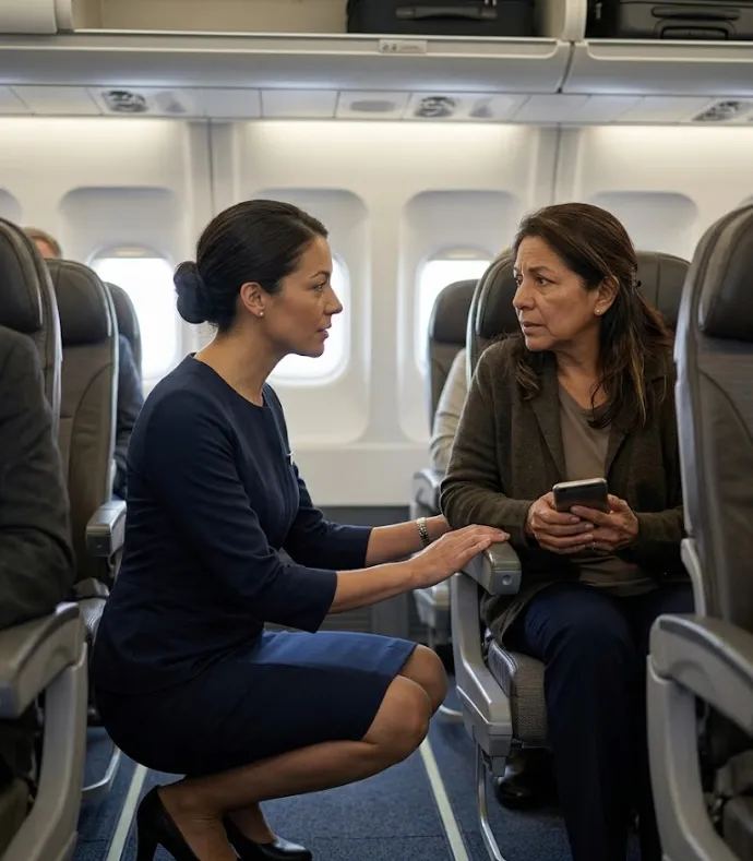 Azafata se agacha junto al asiento para hablar con tacto con una pasajera preocupada